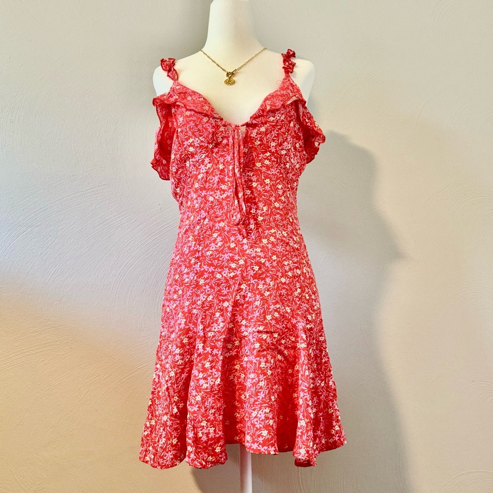 Zara Pink Floral Mini Dress Women’s Size XS Ruffle Vneck Cottagecore Fairy Boho